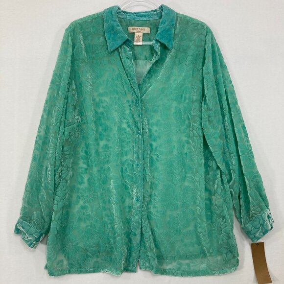 NWT Vintage C.l.o.t.h.e.s size 1X Kelly Green Floral Velvet Burn-out Button Down - Picture 1 of 11
